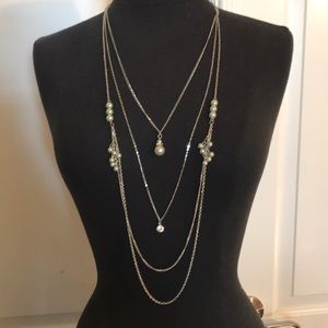 layered mint green pearl silver tone necklace set
